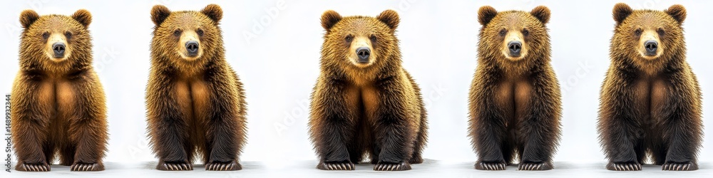 Obraz premium Five Brown Bear Cubs on White Background Studio Shot