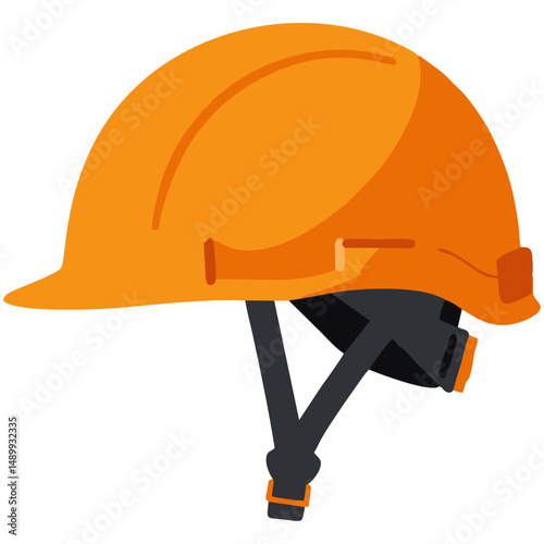 Vector illustration of a yellow construction safety helmet with black adjustable straps, depicted in side view, symbolizing worker protection and industrial safety gear.