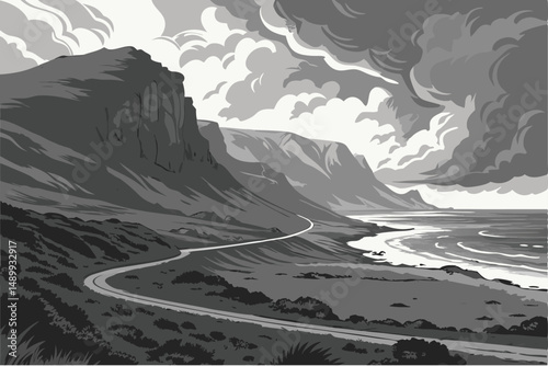 88 dramatic vast stormy cloudy landscape, winding mountain road, distant cliffs and coastline, atmospheric moody lighting, epic cinematic scale, trending on Artstation