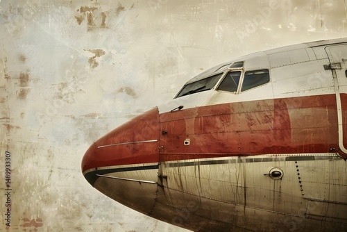 Exploring the Weathered Exterior of a Vintage Airplane: A Close-Up View of Cockpit and Fuselage, Showing Signs of Age and Travel.