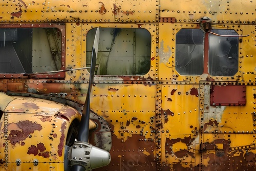 Rusty Airplane's Oxidized Metal Surface with Propeller: Awe-Inspiring Vintage Aircraft Details and Textures, Showing Time's Passage and Decay, Revealing Patina and Industrial History.