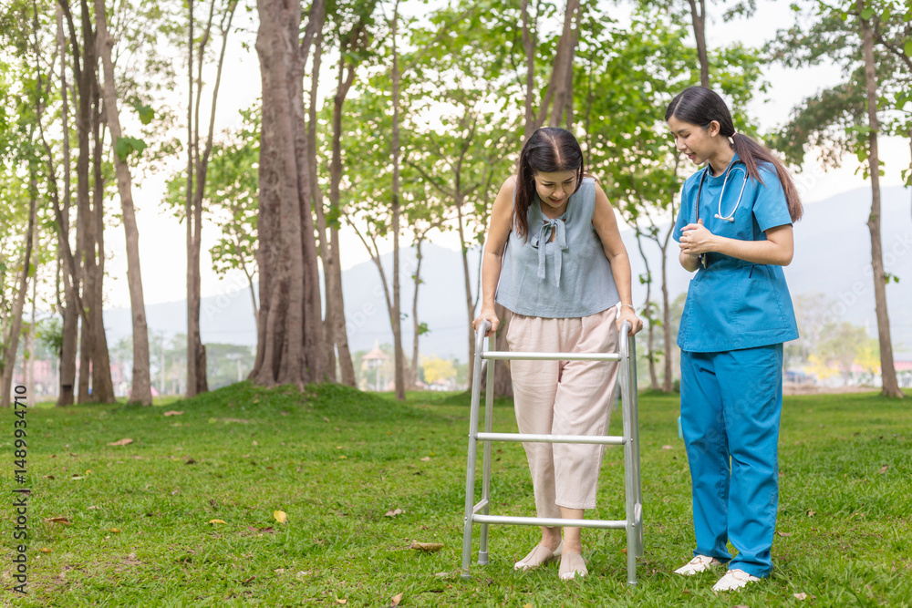 doctor gives an elderly person cane practice walking after an accident and being unable walk requiring. doctor wants her practice walking with cane because it will help her walk normally again. doctor gives an elderly person cane practice walking after an accident and being unable walk requiring. doctor wants her practice walking with cane because it will help her walk normally again.