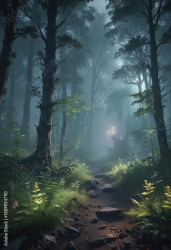 Eerie holographic woodland, glowing vegetation, spectral fog ,  fantasy,  bioluminescent