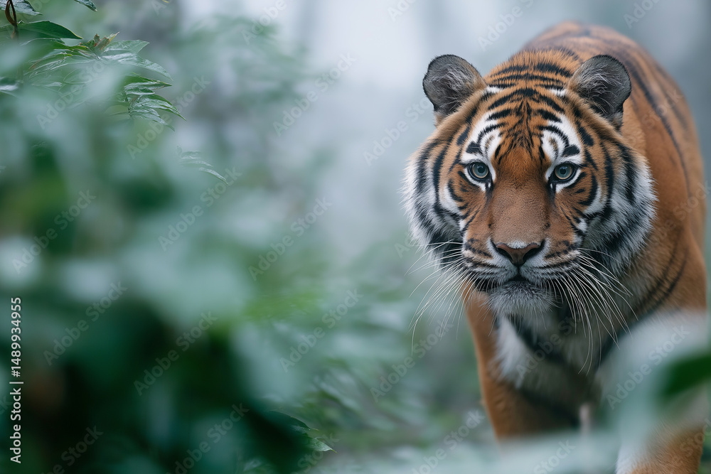 Naklejka premium A tiger is walking through a forest with green leaves
