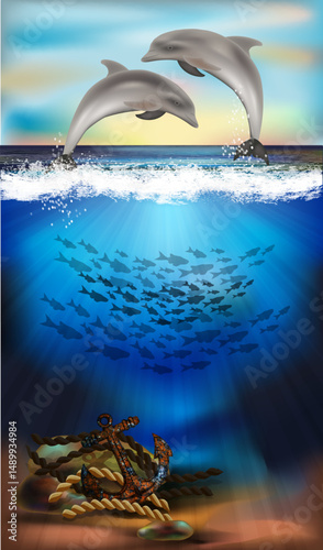 Underwater banner with  dolphins and old anchor. vector illustration