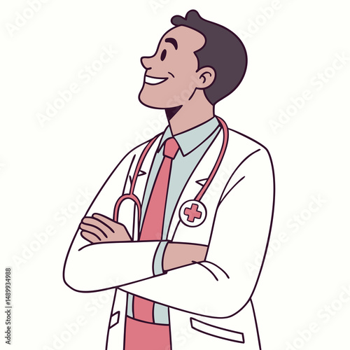 An illustration of a smiling doctor in a white coat with a red cross, wearing a stethoscope and a red tie, with arms crossed against a white background.