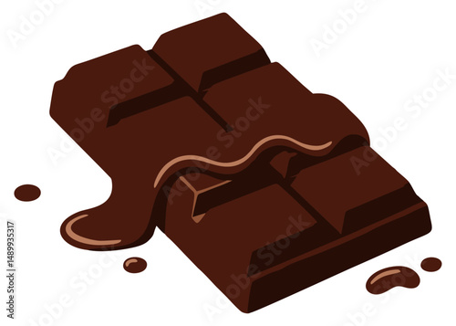 Vector illustration of a chocolate bar with melted caramel filling oozing over the surface, shown in a tempting three-dimensional perspective.
