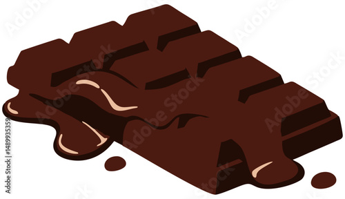 Vector illustration of a chocolate bar with melted caramel filling oozing over the surface, shown in a tempting three-dimensional perspective.