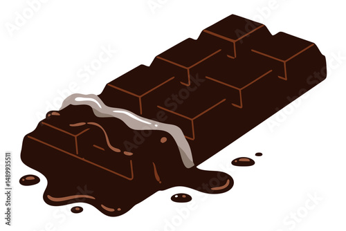 Vector illustration of a chocolate bar with melted caramel filling oozing over the surface, shown in a tempting three-dimensional perspective.