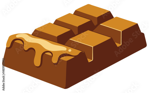 Vector illustration of a chocolate bar with melted caramel filling oozing over the surface, shown in a tempting three-dimensional perspective.