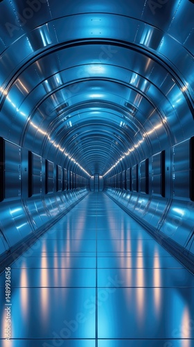 A futuristic, polished metal tunnel,  illuminated by blue light.