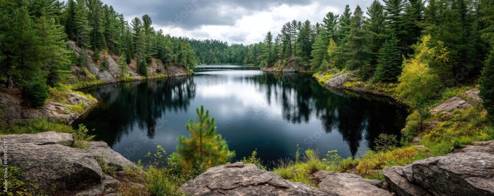 Obraz premium Scenic view of lake in pine forest with summer growth concept. Serene lake surrounded by lush greenery and rocky terrain.