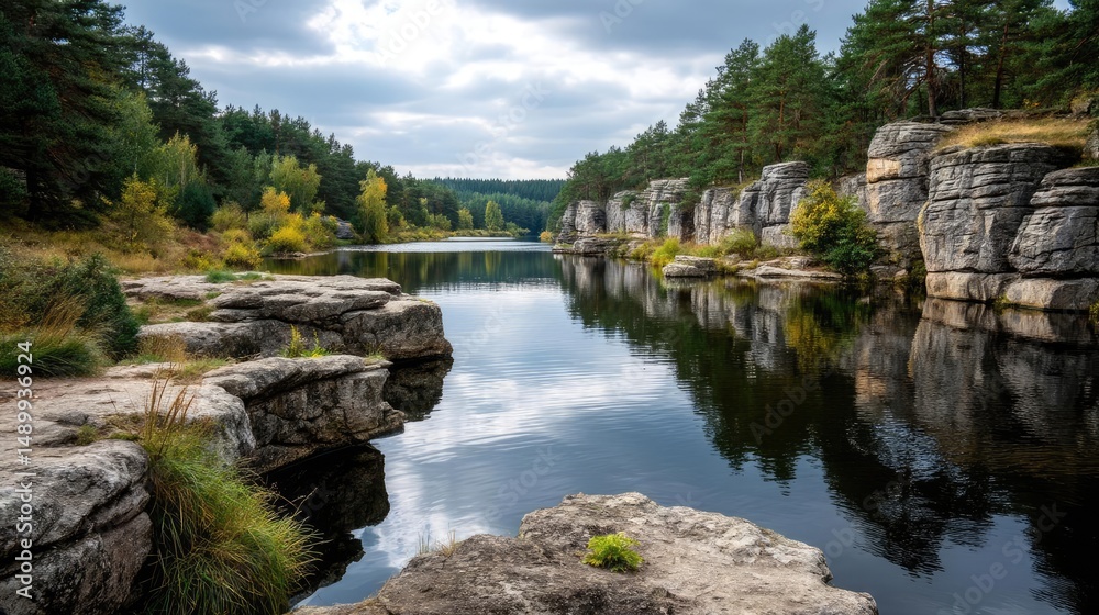 Fototapeta premium Scenic view of lake in pine forest with summer growth concept. Calm river surrounded by rocky cliffs and vibrant trees.