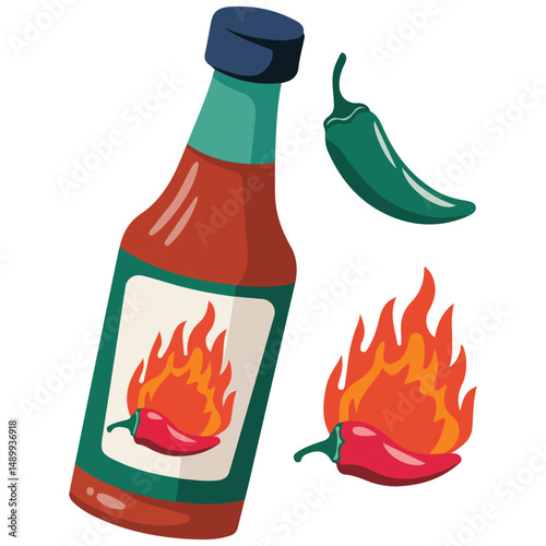 Bottle of spicy chili pepper sauce isolated vector illustration on white background