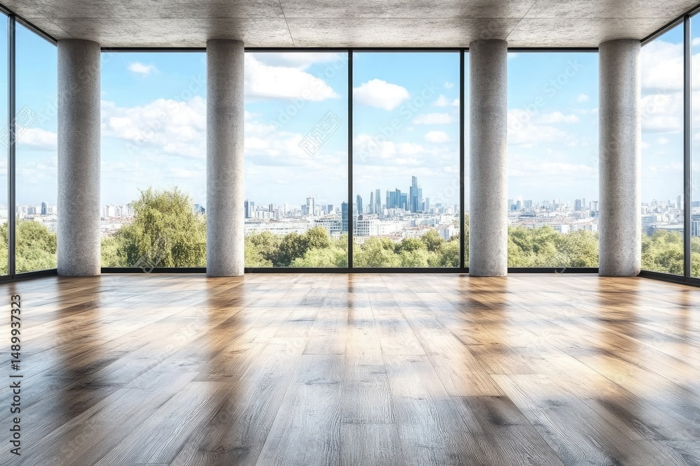 Fototapeta premium Empty modern space with expansive city views