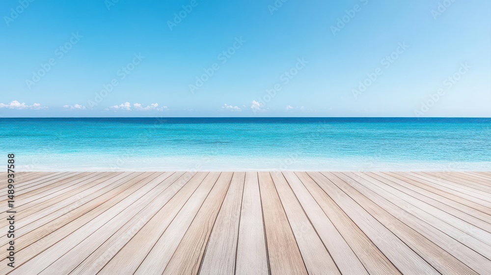 Fototapeta premium Elegant yoga stretch on a wooden deck facing the vast ocean