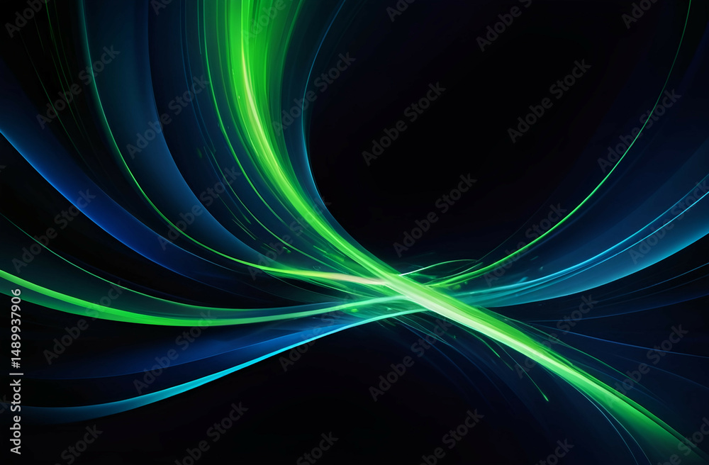 Naklejka premium A vibrant abstract background featuring glowing neon green light trails swirling across a dark blue backdrop