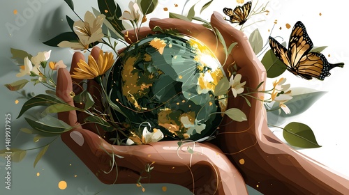 Earth Day illustration of hands holding a green planet with flowers and butterflies for environmental campaign visuals, sustainability branding, and eco-awareness ads
