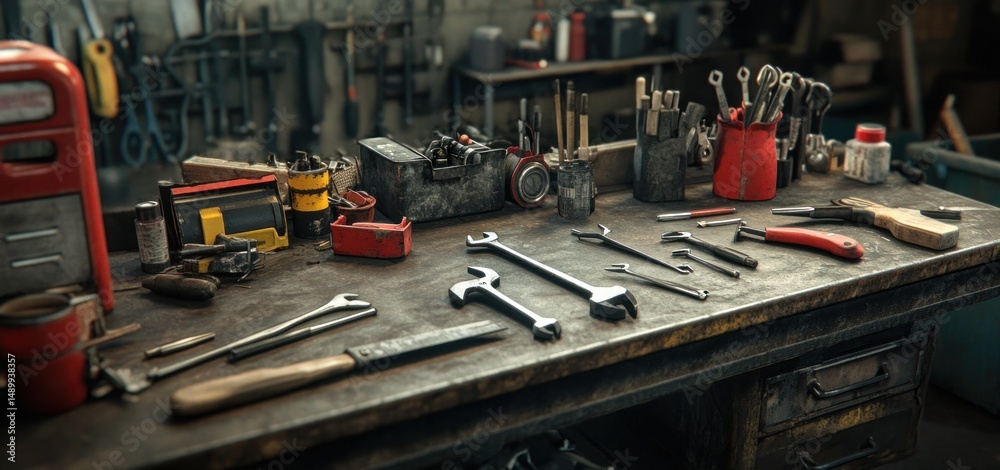Fototapeta premium Worn workbench covered with various tools