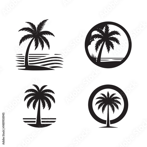 Black and white palm trees vector on white background. Palm tree logo designs.