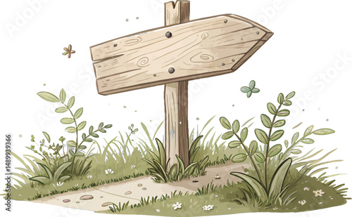 Wooden directional sign with plants in a serene outdoor setting.