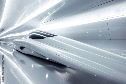 Futuristic High-Speed Vehicle Travels Through Sleek, Modern Tunnel at Amazing Speed Seamlessly, Showcasing Innovative Transportation Design for the Future.