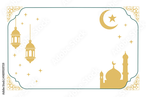Islamic-Themed Frame with Lanterns, Crescent Moon, and Mosque Design