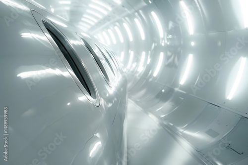 Futuristic Vehicle Navigates a Bright, White, Cylindrical Tunnel: Exploring the Design and Technology of Advanced Transportation Systems in a Clean, Modern Setting