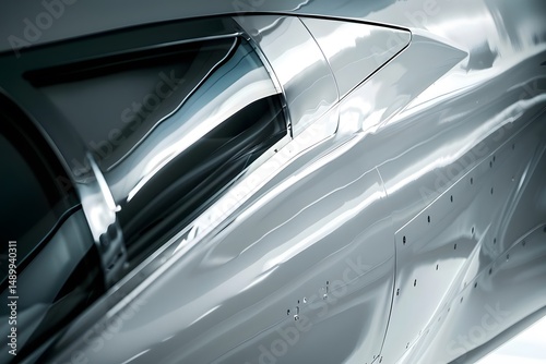 Sleek Silver Vehicle's Body Design: Exploring Futuristic Automotive Aesthetics with High-Gloss Finish and Smooth Curves, Showcasing Innovative Engineering Marvels in Transportation Design.