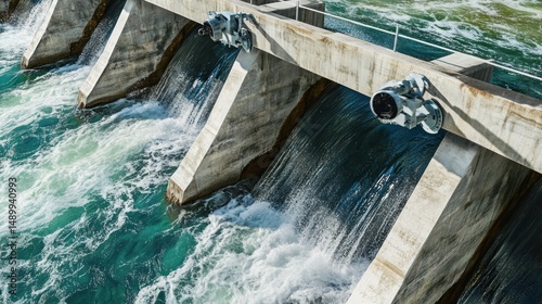 Dam spillway releasing water, hydroelectric power generation