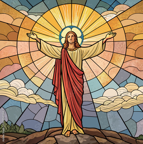 Stained glass depiction of Jesus Christ with outstretched arms, radiating light.