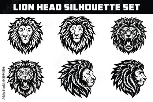 Majestic Lion Head Silhouette Set Six Unique Designs for Logos, Prints, and More