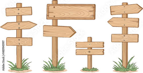 Four wooden direction signs with grassy bases, customizable for various uses.