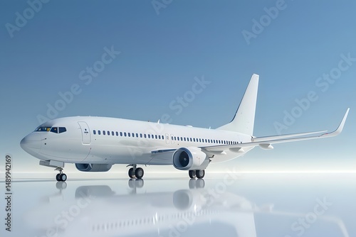 Passenger Airplane on Runway:  A Modern Aircraft Prepares for Takeoff, Reflecting on a Smooth Surface, Representing Global Air Travel and Technological Advancement in Aviation.