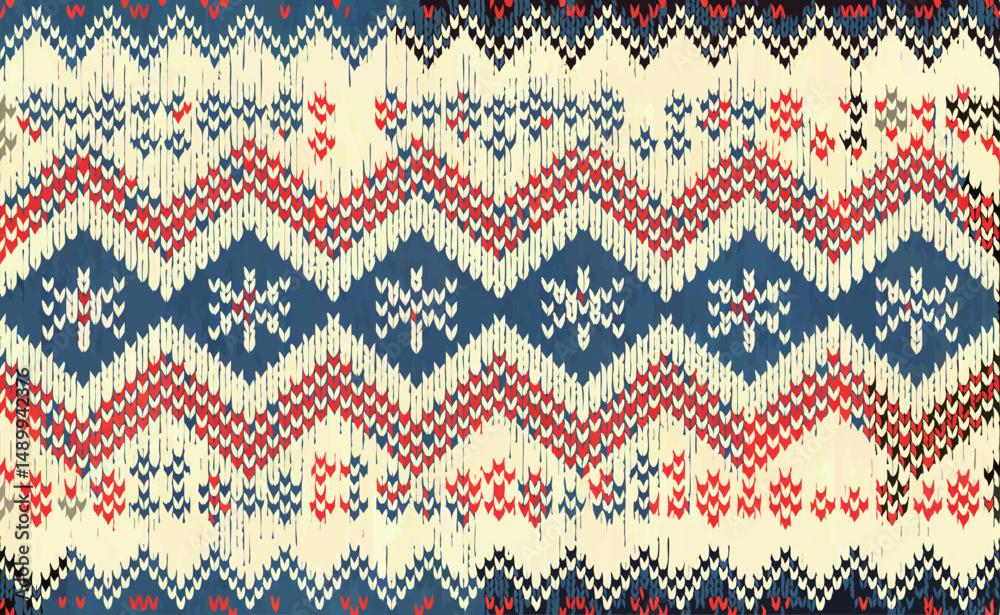 Colorful knitted pattern with red, blue, and cream hues in a zigzag design. Colorful knitted pattern with red, blue, and cream hues in a zigzag design.