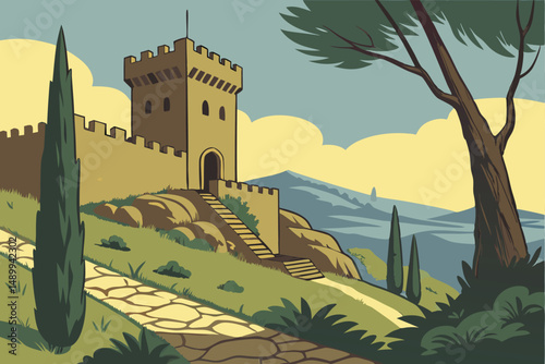 95 ancient citadel, medieval castle, stone architecture, panoramic view, rugged landscape, lush greenery, cypress trees, blue sky, rolling hills, city skyline, atmospheric lighting, dramatic architect