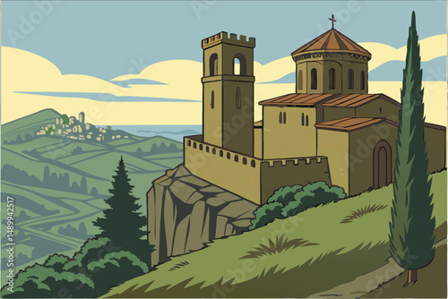 95 ancient citadel, medieval castle, stone architecture, panoramic view, rugged landscape, lush greenery, cypress trees, blue sky, rolling hills, city skyline, atmospheric lighting, dramatic architect