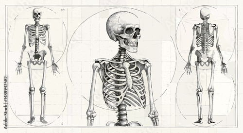 Detailed anatomical illustration of a skeleton in various views.