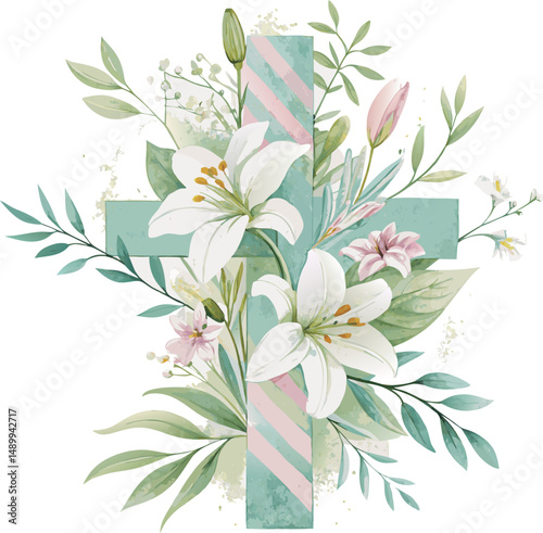Floral cross design with white lilies and soft green foliage, conveying peace.