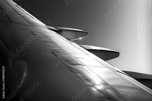 Airplane Wing: Close-Up View of Aircraft Structure, Metal Rivets, and Flaps, Showing Detailed Texture and Design in Monochrome Photography, Highlighting Aviation Engineering
