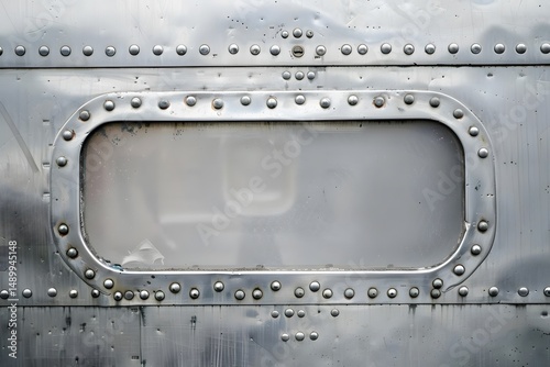 Rivets Secure Metal Panel with Rectangular Window, Showing Industrial Strength and Design Aesthetics, Featuring Weathered Texture and Gray Tones, Demonstrating Durability in Construction.
