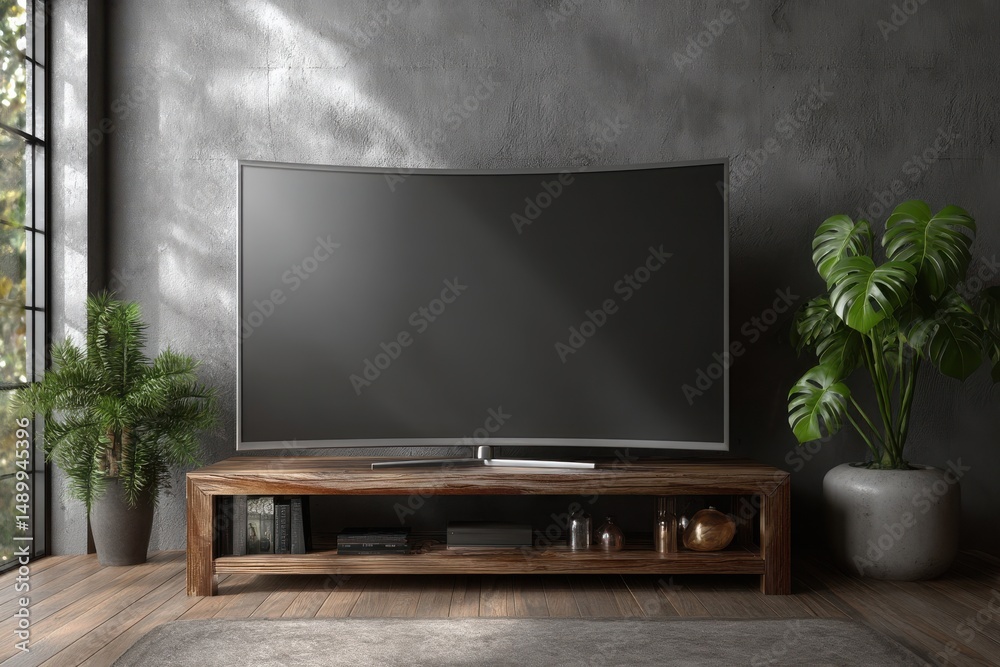 Fototapeta premium Modern living room with tv and plants. Mockup