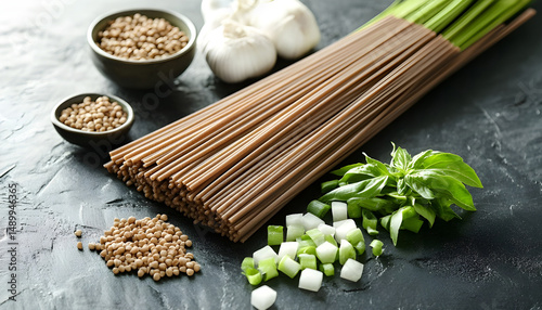 Uncooked buckwheat noodles and fresh ingredients on black table photo