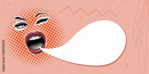 Trendy halftone collage banner with cut out screaming mouth, eyes and speech bubble. Social media announcement. Modern vector design for promotion and marketing.