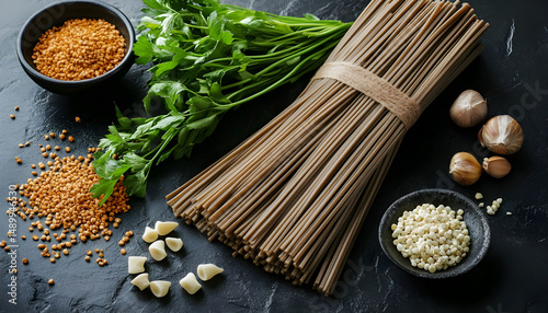 Uncooked buckwheat noodles and fresh ingredients on black table photo