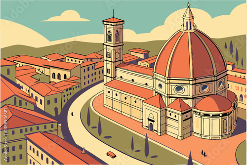 96 panoramic cityscape of winding streets, tile-roofed buildings, ancient architecture, vibrant colors, hilly terrain, sunny day, cloudless blue sky, aerial view