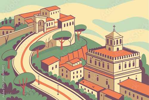 Wallpaper Mural 96 panoramic cityscape of winding streets, tile-roofed buildings, ancient architecture, vibrant colors, hilly terrain, sunny day, cloudless blue sky, aerial view Torontodigital.ca