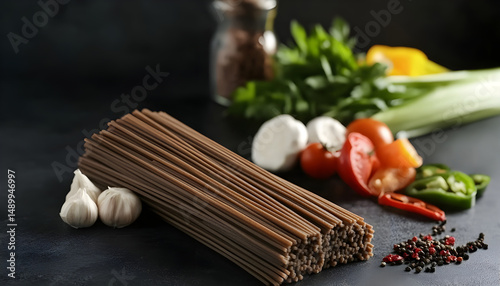 Uncooked buckwheat noodles and fresh ingredients on black table photo