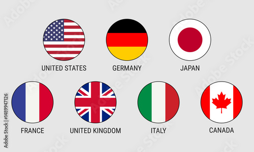 Flag icons of the G7 member countries with their names