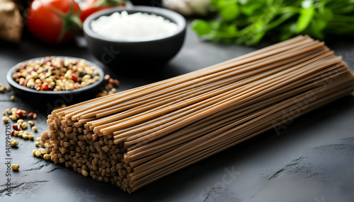 Uncooked buckwheat noodles and fresh ingredients on black table photo